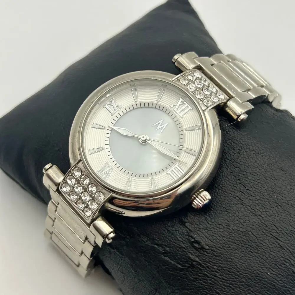 M MEI64 Silver Tone Crystals St. Steel Women’s Watch Working New Battery